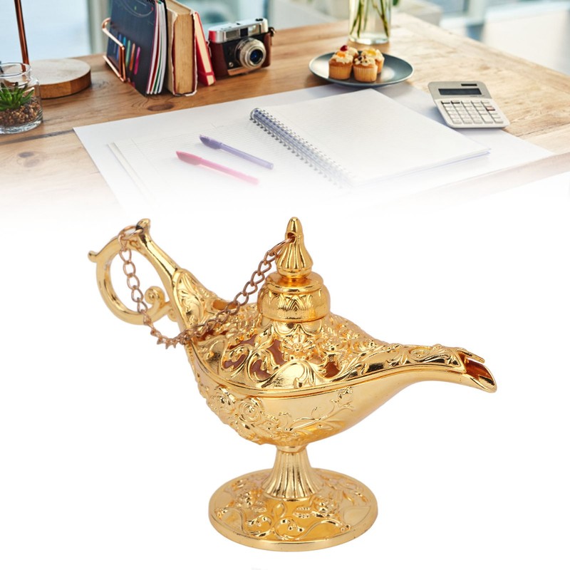 Gold Magic Genie Lamp Embossed Flowers Hollow Zinc Alloy Vintage