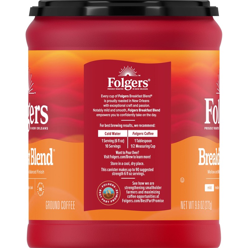Folgers Breakfast Blend Ground Coffee, Smooth & Mild Coffee, 9.6