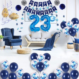 NANINUNENO 23rd Birthday Party Decorations In Blue Boys, Girls, Men And Women, Supplies Happy Balloons With Banner, Numbers, Star Streamers, Swirls Hanging