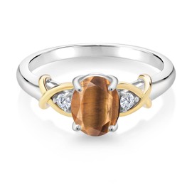 Gem Stone King 925 Silver and 10K Yellow Gold Brown Tiger Eye and White Lab Grown Diamond Ring For Women (1.33 Cttw, Gemstone Birthstone, Available In Size 5, 6, 7, 8, 9)