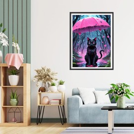 QQYRHN 5D Black Cat Diamond Painting Kit for Adults Beginners Umbrella Diamond Art Kits Complete DIY Kitten Diamond Embroidery Set Perfect for Relaxation and Decoration 30 x 40 cm