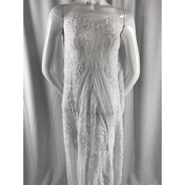 New Creations Fabric And Foam Inc White Empire Design With Sequins Embroider On A 2 Way Stretch Mesh-Sold By Yard.