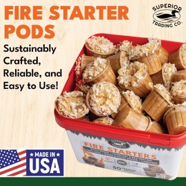 Superior Trading Fire Starter Pods in Plastic Bucket - Fire Starters for Campfires, BBQ, Grill, Pit, Wood Stove & Charcoal Starter, 15-20-Min Burn, 50 Extra Large Pods, USA Made, Brown, 3 Lbs