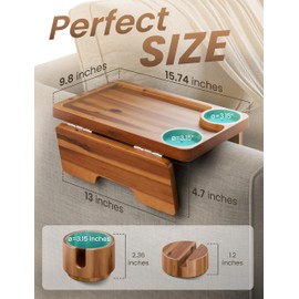 Holana 15.74" D x 9.8" W Acacia Wood Couch Cup Holder Tray, Large Sofa Armrest -Double Hinge Sofa Arm Tray Table Clip - 3 in 1 Couch Arm with Phone Holder - Wooden Side Tables for Eating and Drink