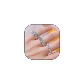 SAVNOJW Sparkly Rhinestone Stackable Rings Set for Women Ladies, Bling Silver Crystal Wide Band Finger Rings Trendy Multi-Row Stuff Jewelry Accessories Gift (Silver)