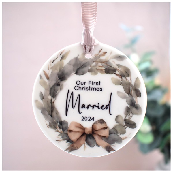 Our First Christmas Married 2024 Hanging Decoration. Greenery Wreath White