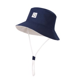 Baby Sun Hat, Newborn Toddler Beach Hat Smile Face UPF 50+ Toddler Bucket Hat for Boys Adjustable Cap (US, Age, 12 Months, 24 Months, Navy)