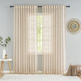 Lace Sheer Curtain for Living Room Bedroom Beige Leaf Buds Pattern 54 Inch Length Drapes Light Filtering Embroidery Elegant Window Treatment Sets for Basement Laundry Room, Rod Pocket, 2 Panels