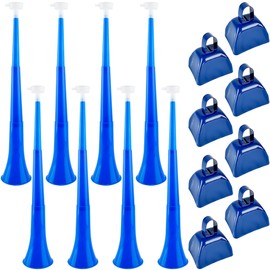 Hoarost 16 Pcs Cheering Noisemakers Set Include 8 Pcs 24 Inch Collapsible Plastic Vuvuzela Horn and 8 Pcs Metal Cowbells with Handle for Sporting Events Football Games Graduation School Sports