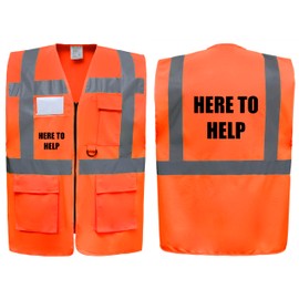 Here To Help Superior Zipped Hi Vis Vest High Visibility Safety Waistcoat Pockets Reflective Bands Event Staff, Event Support, 12 Colour Options, Brook Hi Vis (Orange, 3XL)