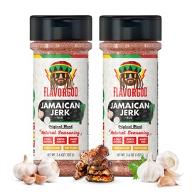 Flavor God 2 Bottles Jamaican Jerk Rub Mix Natural Healthy Spice Blend For Grilling Chicken, Beef, Seafood, Vegetables, Salad, Tacos, Pizza, Kosher, Gluten & Dairy Free, Vegan Keto Friendly Steak Rub
