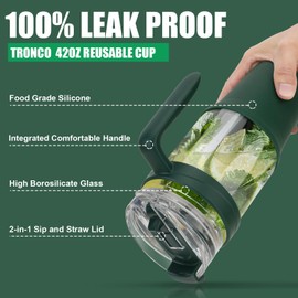Tronco 40 oz Glass Tumbler with Straw and Lid, Leak-proof Flip Straw, Reusable Iced Coffee Cup with Handle, Glass Water Bottles Fits in Cup Holder, Lead-Free, BPA-Free