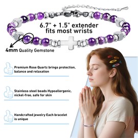 CNYTPE Inspirational Beaded Cross Bracelets for Women - Natural Gemstone Christian Faith Bracelet, Ideal Gifts for Mom, Wife, Sister, Friend - Birthday, Mother's Day Blessings(Amethyst Bracelet)