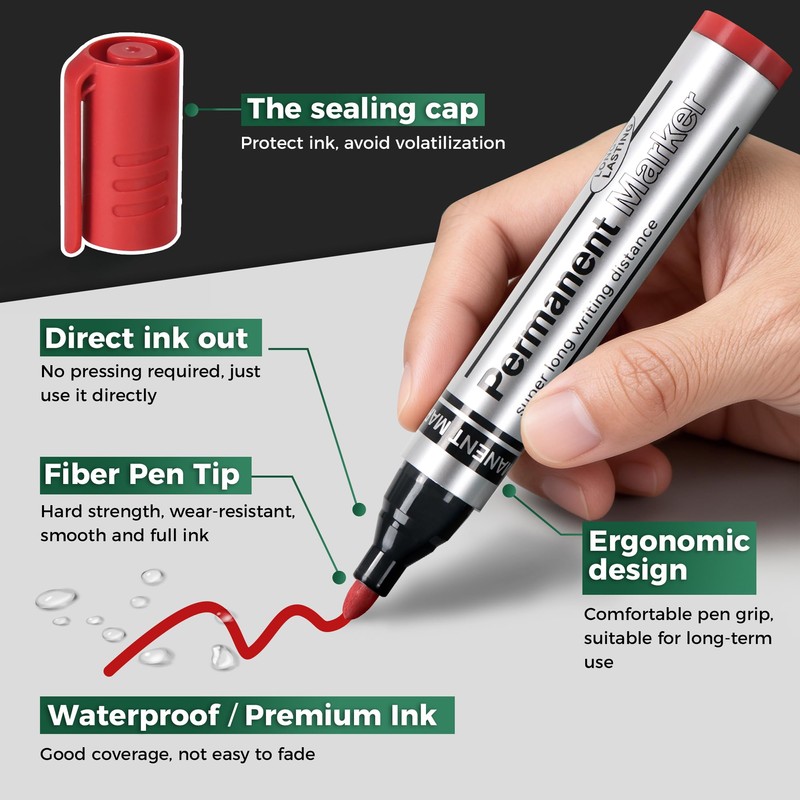 SELEAD Large Permanent Markers Black Red Blue Green - 12