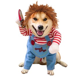 SunnyLisa-Disfraz de Halloween para Perro, Divertido Disfraz de Chucky para Perro con Peluca para Mascota, Disfraz Aterrador con Cuchillo, Ropa para Perros (Extragrande)
