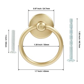 Hordion 12Pcs 1.7 inch Ring Drawer Pulls, Drop Ring Cabinet Pulls, Zinc Alloy Dresser Handles, Single Hole Drawer Knobs with 2 Size Screws (Matte Gold)