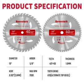 Revvsatrk Circular Saw Blade 10 in 40T&60T, 5/8" Arbor, Carbide Tipped Teeth, TCT Saw Blades for Cutting Various Wood, Plastic and Composite Materials, Fit Dewalt Craftsman Ryobi Milwaukee