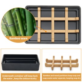 Bamboo Soap Dish for Shower Wooden Soap Bar Holder for Bathroom Soap Tray Bottom with Four Anti Slip Pads(Single Black Square)