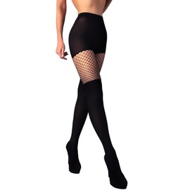 Mila Marutti Mock Suspender Pantyhose for Women | Black Faux Thigh High Stockings | Patterned Fashion Fishnet Tights - M, Black