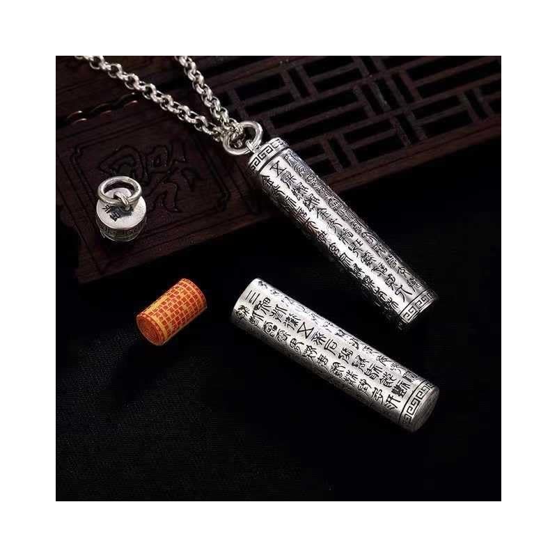 Rockyu Amulet Necklace, Men's, Long Necklace, Sutra Pendant, Openable Capsule,
