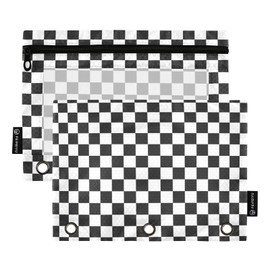 Fisyme Black and White Checkerboard Plaid Pencil Pouch for 3 Ring Binder Pencil Case Pencil Bag Zipper Pouch with Clear Window for Office Supply 2 Pack