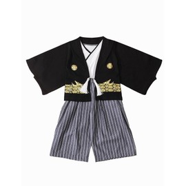 SHELISTEN 90-130 Hakama Boys 3-Piece Set, Easy Yukata, Children's Kimono, Fireworks Festival, Summer Vacation, Children's Day, Black, 110