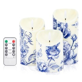 3 Pcs Chinoiserie Flameless Candles Blue and White Battery Operated LED Candles Flickering Pillar Blue White Floral Printed Faux Candle with Remote Timer for Wedding Christmas Festive Home Party