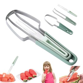 2024 3-in-1 Stainless Steel Fruit Slicer, Watermelon Cutter with Melon Cutter and Fruit Forks, Watermelon Fork Cutting Tool, Summer Melon Cutter (Green)