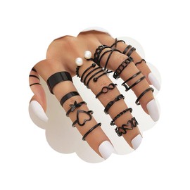 22Pcs Knuckle Rings Set for Women and Girls Dainty Butterfly Heart Stacking Ring Statement Braided Twisted Hollow Carved Vintage Bow Rings Size Mixed for Gift (black)