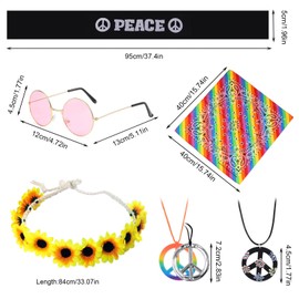 TSHAOUN 9 Piece Retro Dress Up Hippie Costume Set with Peace Sign Necklace Necklace, Round Sunglasses, Sunflowers and Colourful Hippie Headband, for 70s 80s Fashion Theme Party (Pack of 9)