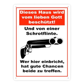 Metal Sign XXL 28 x 38 cm "Dieses Haus wird von Gott beschützt und einer Schrotgunte Warnschild für Diebe" Front Door Shotgun Theft Repel Protection Shield Protection Against Burglary