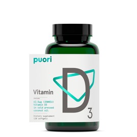 Puori Vitamin D3 with Organic Coconut Oil - 120 x 2500 IU - for Healthy Muscle Function, Bone Health, Immune Support and Calcium Uptake- Non-GMO and Gluten Free - For Children and Adults