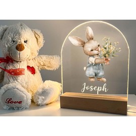 MIRROR MANIA Custom Handmade Tabletop Night Light Featuring a Watercolor Illustration of a Bunny with Yellow Flowers, on a Wood Base with Attached USB Cord and a Soft White LED Light.