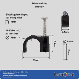 Lumonic 100 x Nail Clips 7 mm for Cable Black - Cable Clamp with 18 mm Nail e.g. for Attaching to the Wall - Cable Clamps Various Sizes 4-14