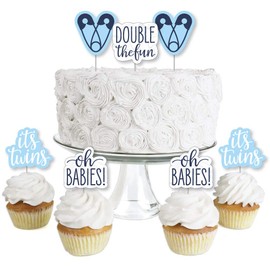 It’s Twin Boys  - Dessert Cupcake Toppers - Blue Twins Baby Shower Clear Treat Picks - Set of 24