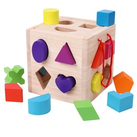 ANPEAC Shape Sorter Toy with 19 Shape Blocks, Shape Sorting Cube Toy Box, Classic Wooden Toy for Toddlers, Children, Gift for Girls Boys 3-4