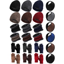 Suhine 24 Pcs Winter Warm Hat and Gloves Set Fleece Lined Knit Skull Cap Neck Scarf Touch Screen Gloves Ski Earmuffs for Women Men