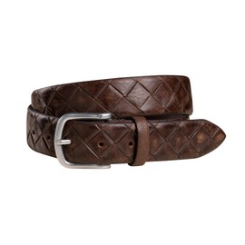 FENIX Men's Adjustable Leather Belt Siena Size 85 cm to 110 cm Vintage Silver Clasp 35 mm Wide Belt Made of Full Cowhide Leather with Braided Embossing, Hazelnut Cognac, 105