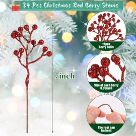 CCINEE 24 Pack Christmas Artificial Red Berry Stems,6.9 Inch Xmas Red Glitter Berry Picks Holly Branches for Christmas Tree Ornaments Xmas Wreath DIY Crafts Home Holiday Decor