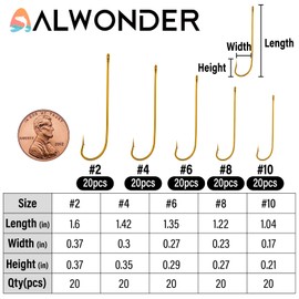 Alwonder 100-Pack Aberdeen Fishing Hooks Freshwater Crappie Panfish Straight Long Shank Light Wire Worm Small Fishing Hooks for Bass Bluegill Trout Sunfish High Carbon Steel #10#8#6#4#2 Gold