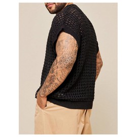 BEAUDRM Men's Big and Tall Hollow Out Crochet Sweater Vest Cap Sleeve Sheer Sleeveless Tank Tops Knitwear Black 4X-Large Plus