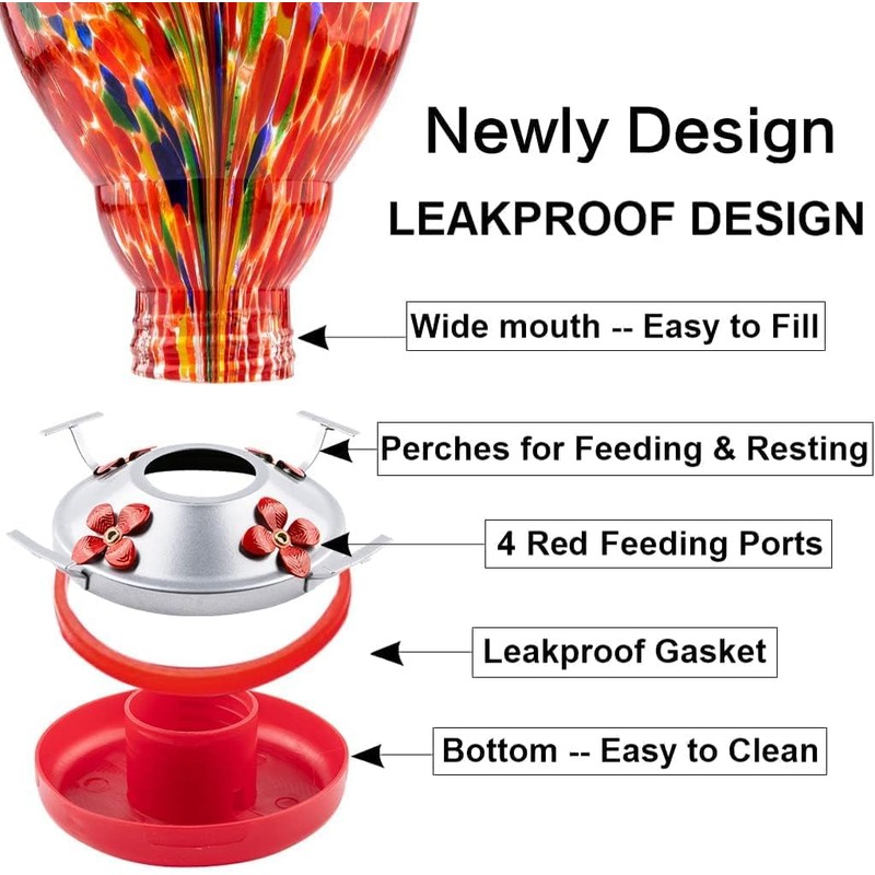 RED- 34oz Hummingbird Feeder Outdoors Colorful Hand Blown Glass with
