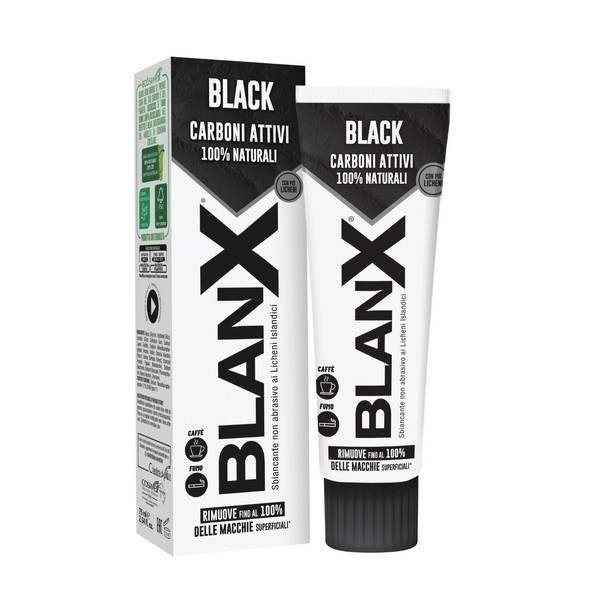 Blanx Black Toothpaste 75 ml, Whitening Toothpaste with Icelandic Lichen and 100% Natural Activated Carbon, Removes Stains from Coffee, Smoke and Tea, Vegan Friendly