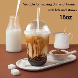 Qsqwsuye 50 Set 16oz Disposable Clear Plastic Cup with Lids and Straws, Sturdy & Food Safe Iced Coffee Cups, Plastic Cold Drinks Cups for Smoothie, Milk Tea, Assorted Beverages Party Supplies