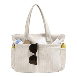 SoeUyd Cord Tasche Damen, Strandtasche, Tote Bag, Groß Tote Bag Strandtasche mit Reißverschluss, Strandtasche Beige, Ideal für Einkaufen, Arbeit, Büro, Schule, Reisen und den Täglichen Gebrauch