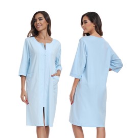 ANLIQI Womens Robes Knee Length 100% Cotton Bathrobes for Woman Soft&Lightweight Housecoats Zipper Bath Robes with Pockets(Light Blue,M)
