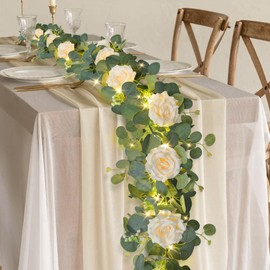 MACTING 6.6FT Eucalyptus Garland with Lights Spring Baby Breath Flower Garland with 12 Champagne Roses Artificial Floral Greenery Vine for Table Arch Backdrop Wedding Valentines Day Decor