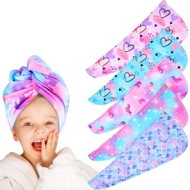 5Pcs Hair Towel Wrap Ultra-Absorbent Microfiber Rapid Drying Hair Towel Hair Turbans for Wet Hair Wraps Love, Mermaid, Single Horn Animal Head Towel Wrap for Women Girls Children