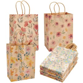 Beebeecraft 16Pcs 4 Styles Floral Gift Bags with Handles 8.3x5.9x3.2 Inch Kraft Paper Flower Wildfloral Bags for Wedding Birthday Themed Party Favor