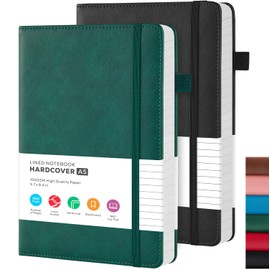 FOCUS DAY 2 Pack Notebook Journal for Work, Leather Journal for Women/Men, 100GSM Lined Paper, No Bleed, Hardcover Notebooks for Office School Supplies, A5 (5.7"x8.4"), Green & Black
